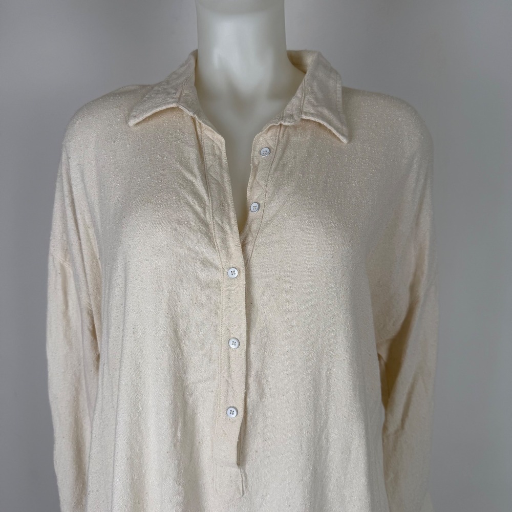Free People Women Cream Blue Striped Henley Tunic Dress Pockets Large L - Picture 2 of 16